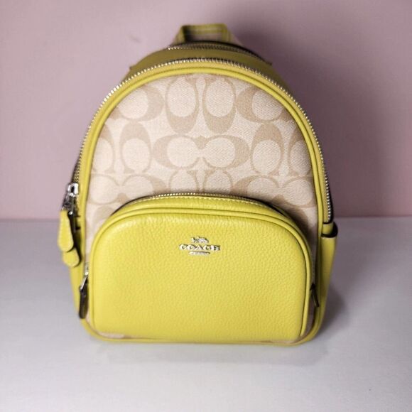 NWT Coach CJ594 Mini Court Backpack Signature Canvas Light Khaki Key Lime - Picture 1 of 8